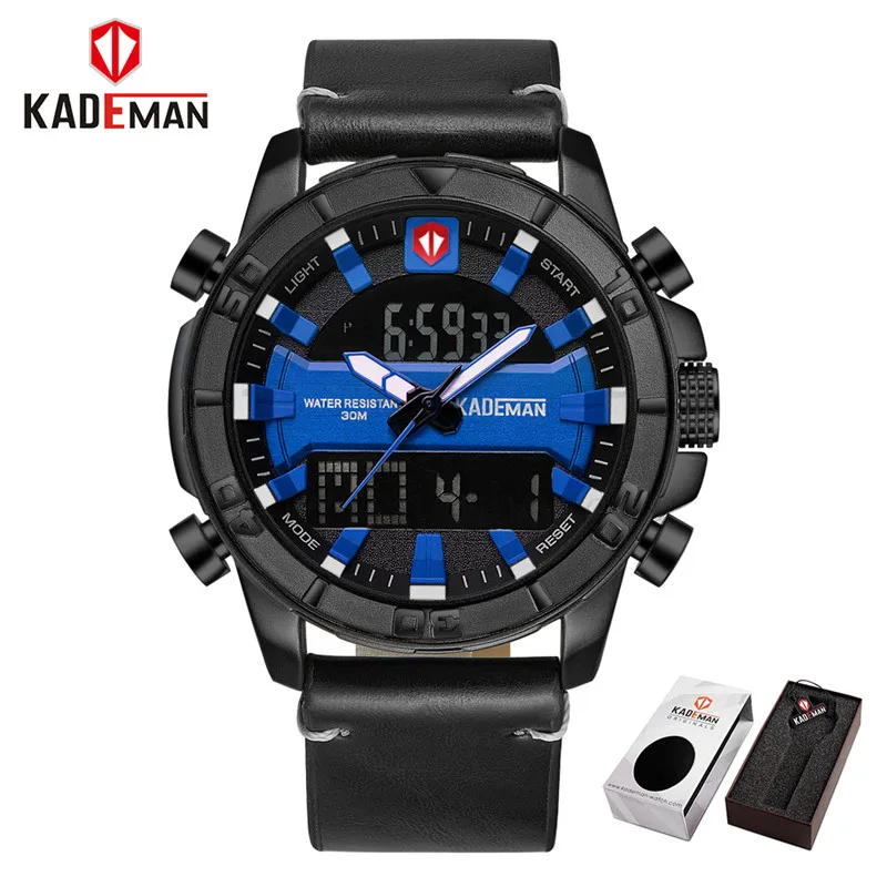 

KADEMAN Analog Digital Men'watch Top Quality Leather Strap Waterproof Luxury Brand Fashion Male Wristwatches Military Sport 2018