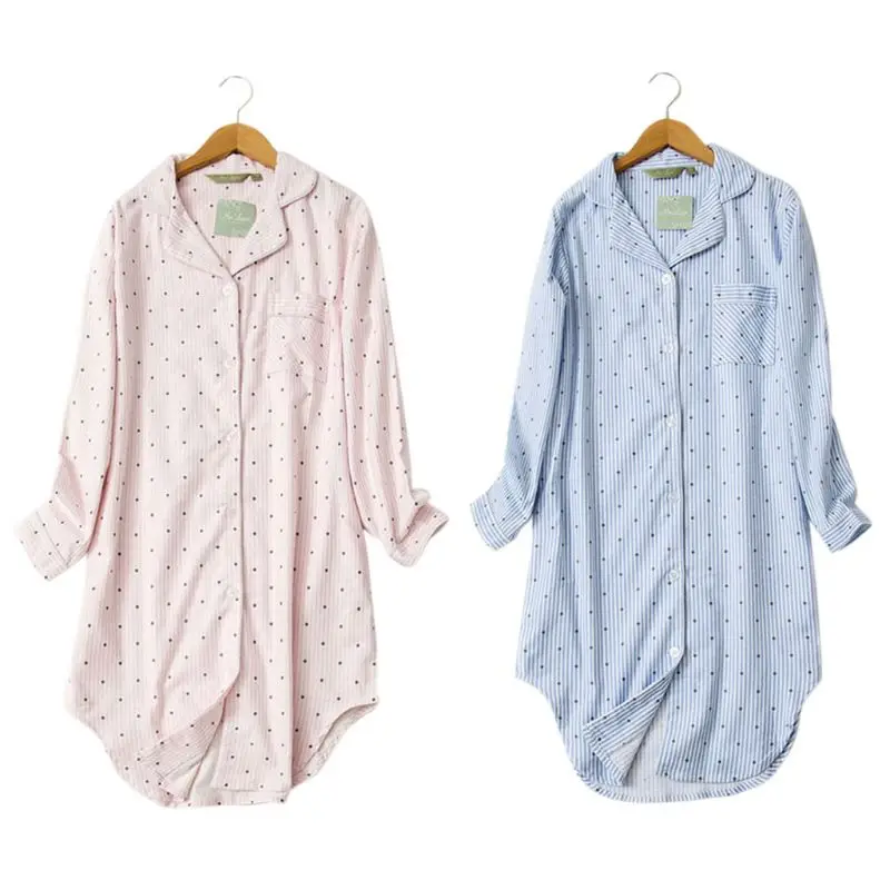 

Women Long Sleeve Button Down Sleepshirt Dress Striped Polka Dot Asymmetric Hem Boyfriend Nightwear Lapel Collar Cotton