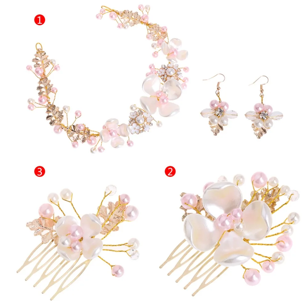 

JAVRICK Pearl Headwear Hair Band Comb Earrings Golden Leaves Jewelry Flower Decorations