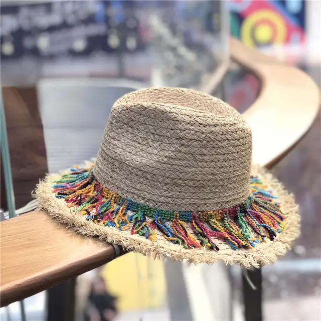 Coloerfull Tassel Ribbon Decorate Straw Hat Shading Sun Hat Lady
