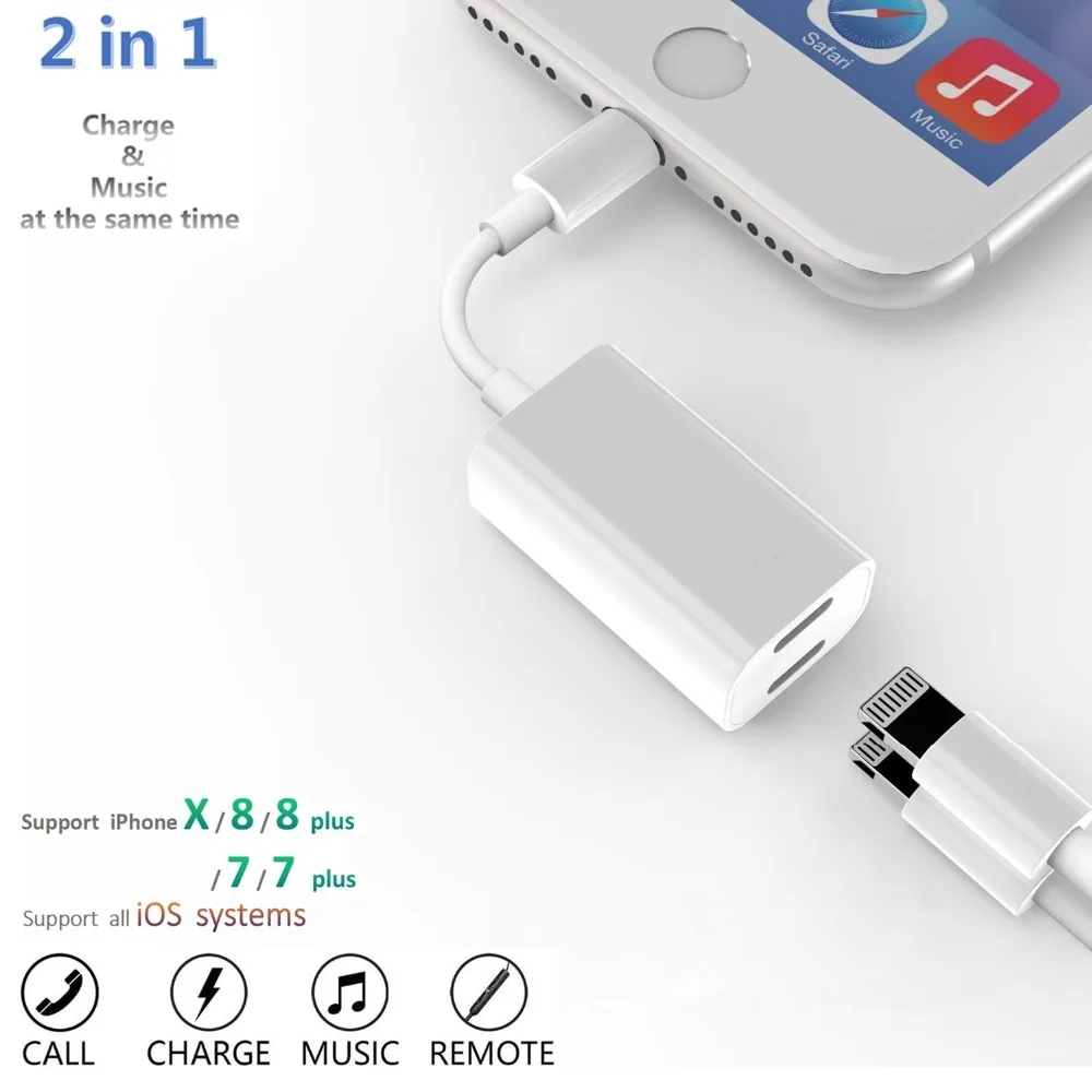 FOXSUN Dual for Lightning adapter Headphone Jack Audio and Charge Splitter for iPhone X 8 7 Support Music and Calling Function