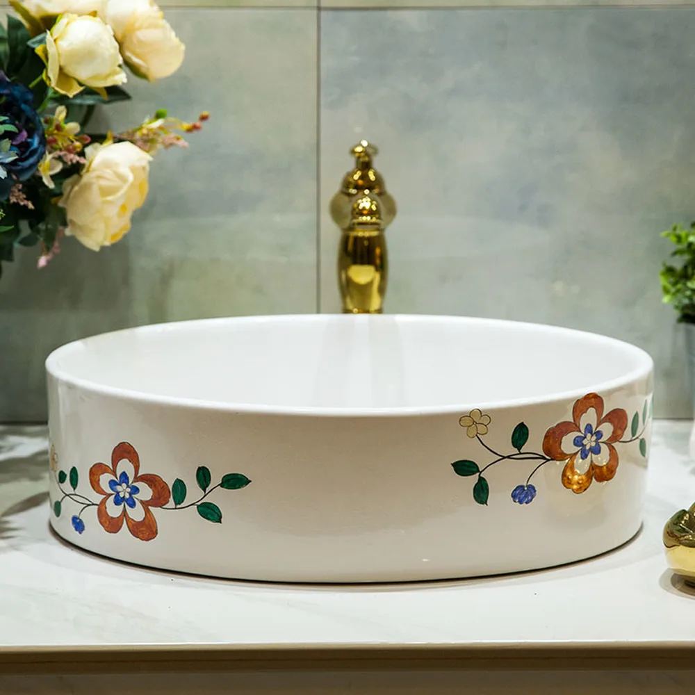 الحمام فوق مكافحة حوض السيراميك الحمام الغرور الحمام بالوعة حوض رسمت باليد زهرة النواة LO620220