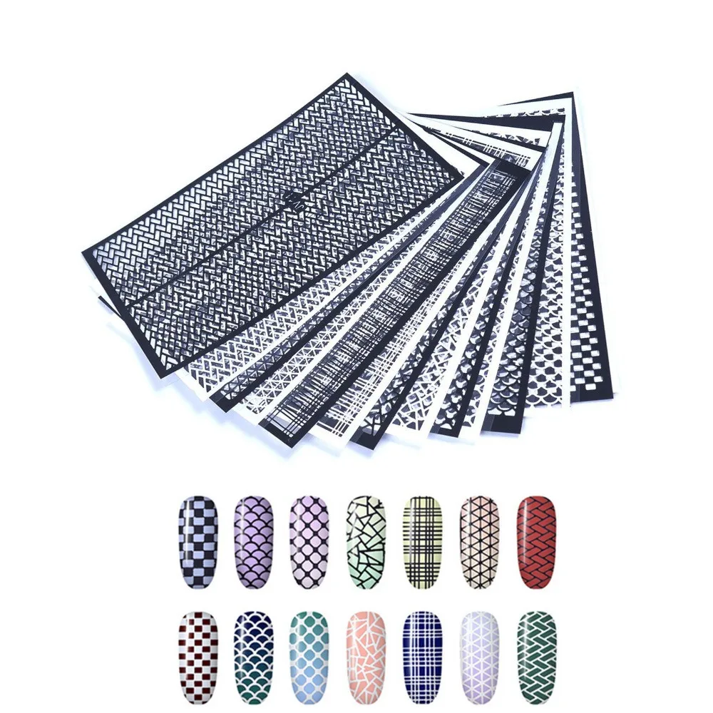 

Fish Scale Nail Vinyls Adhesive Ultra-thin Plaid Net Line Hollow 3D Nail Stencil Sticker for Manicure Nail Art Decoration