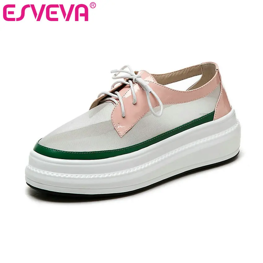 

ESVEVA 2020 Women Cow Leather +PU Med Heel Round Toe Platform Lace Up Princess Style Platform Elegant Ladies Shoes Size 34-40
