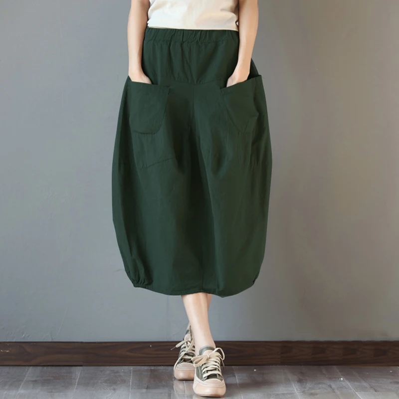 ZANZEA летние женские эластичные хлопковые льняные юбки с карманами, повседневные рабочие миди юбки, мешковатые вечерние юбки Jupe Faldas размера плюс - Цвет: Dark Green