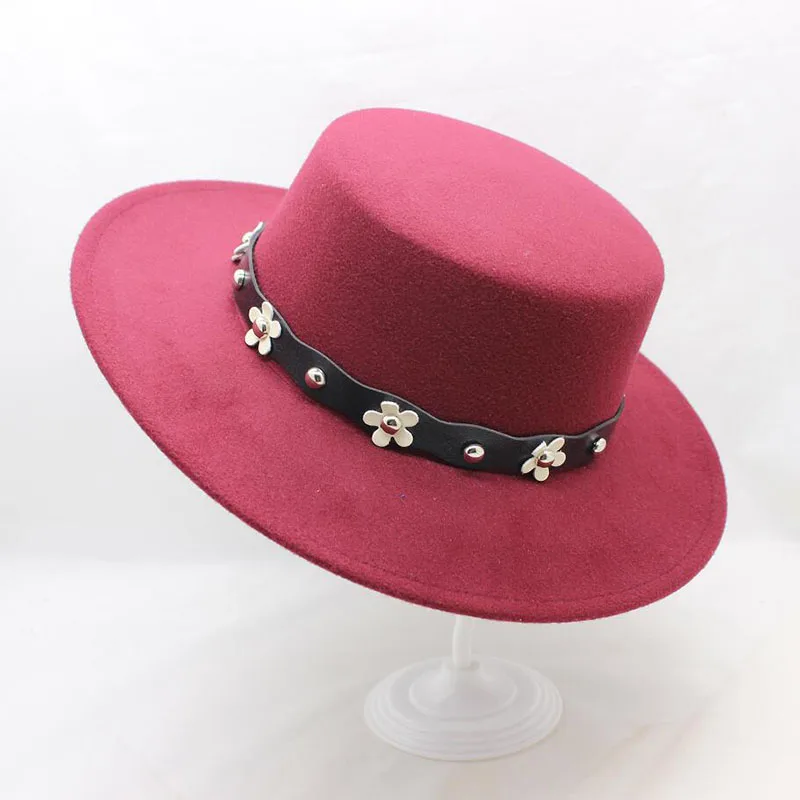 

BING YUAN HAO XUAN New Fashion Wool Pork Pie Boater Flat Top Hat for Women Men Felt Wide Brim Fedora Player Hat