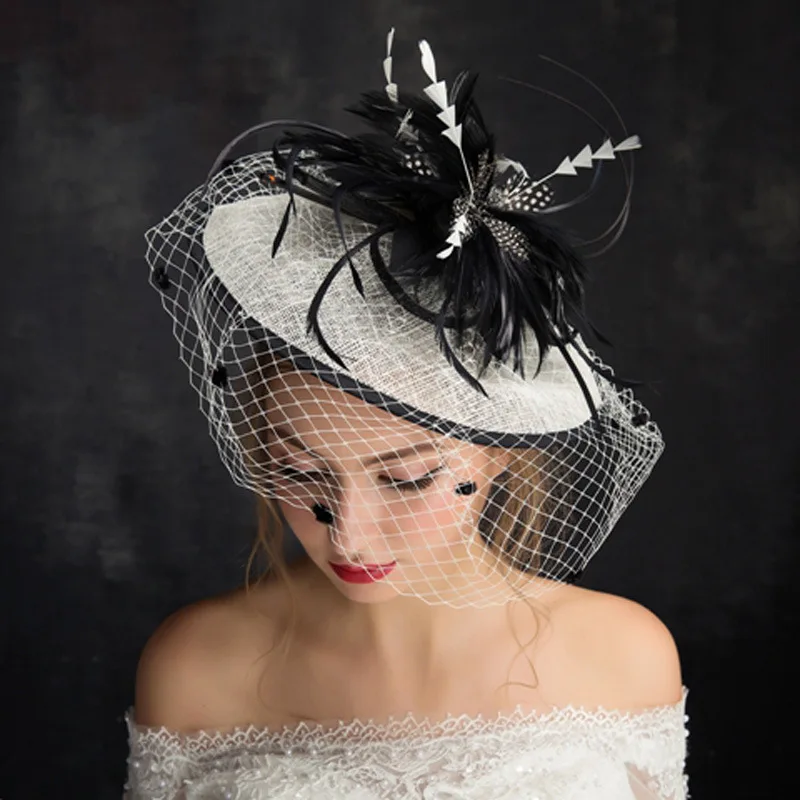 

Kseniya Queen New Vintage Lace Tulle Flower Black Feather Ribbon Bridal Hat With Birdcage Veil Summer Spring Bridal Headpiece