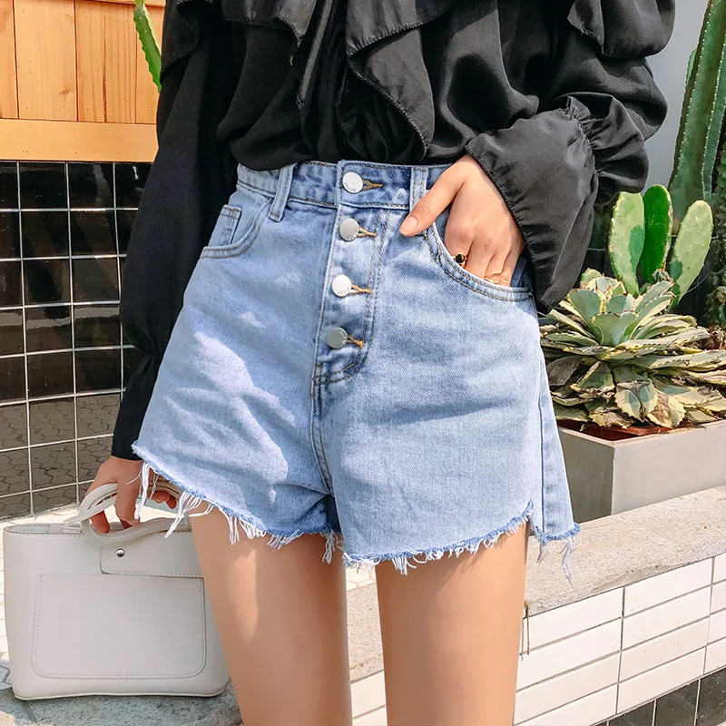 

2019 New Korean Single breasted High Waist Denim Shorts Women Fashion Irregular Raw-edge Jeans Short