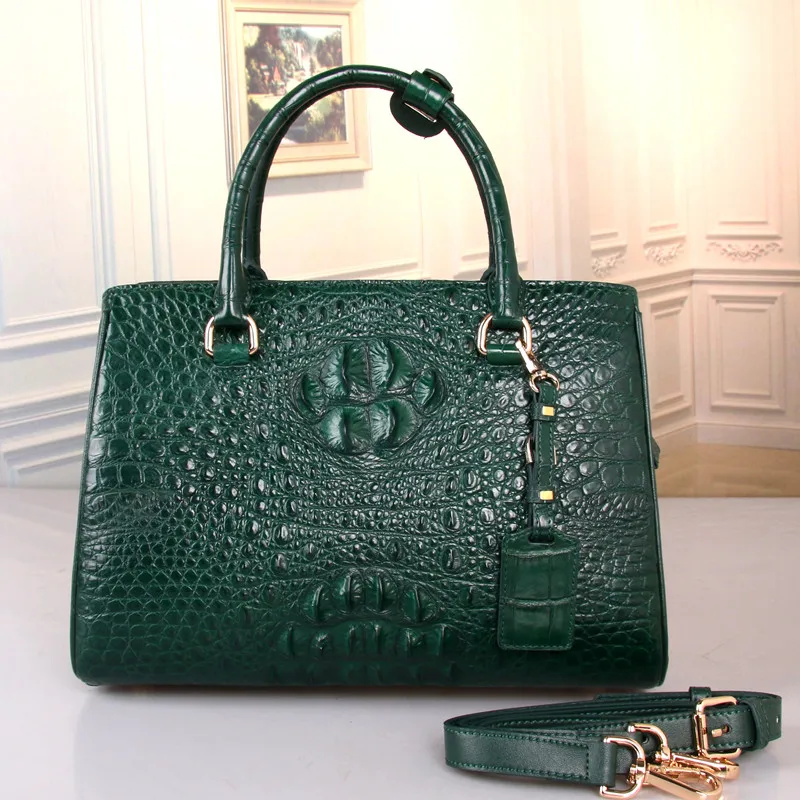 

100% Genuine Alligator Skin Blackish Green Lady Large Clutch Purse Real Crocodile Leather Women Top-handle Totes Female Handbag