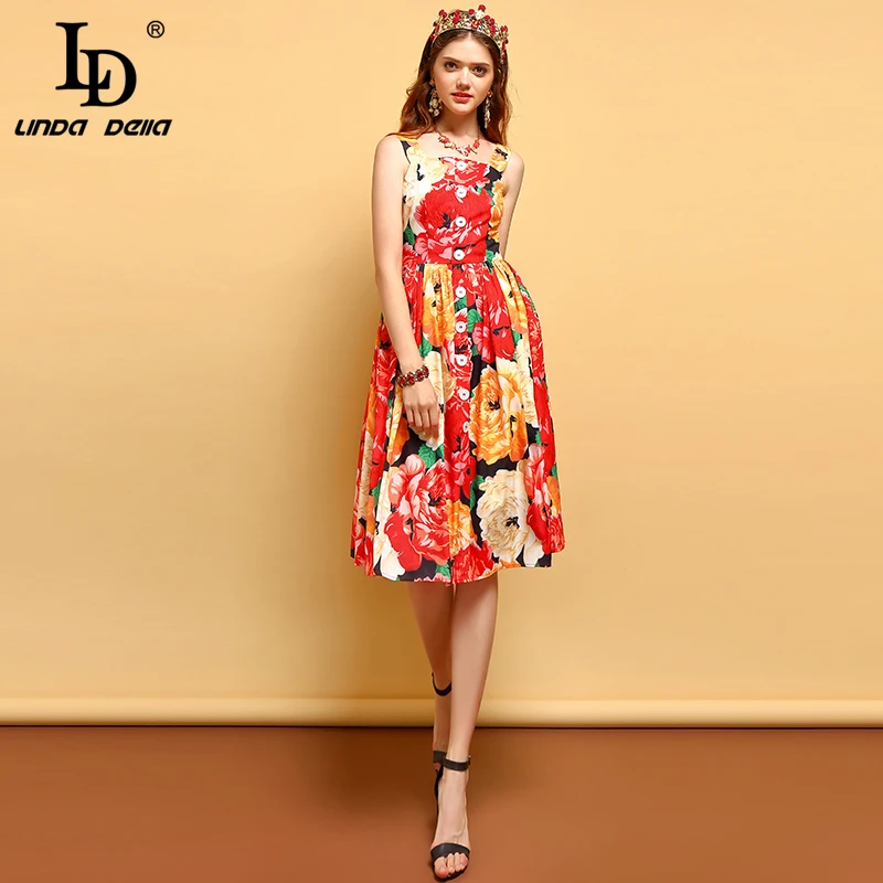 

LD LINDA DELLA Fashion Runway Summer Dress Women's Spaghetti Strap Button Floral Printed Vacation Casual Elegant Dress