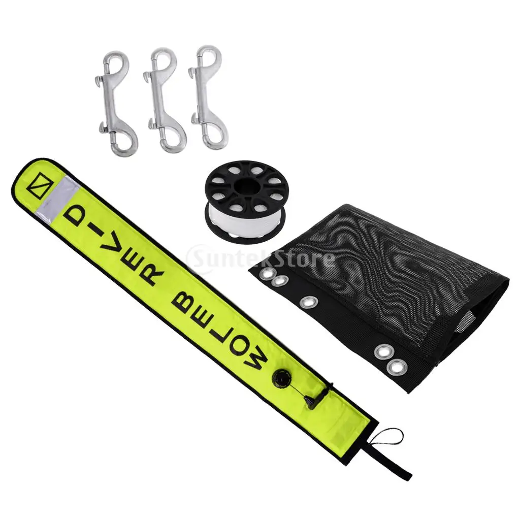 Professional Scuba Diving Diver Below Safety Sausage SMB Surface Marker Buoy, Finger Reel Guide Line Spool, 30m Line, Bolt Snap