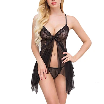 

2019 Summer V Neck Lace Visible Mesh Nightgown Women Sexy Sleepwear Nightdress
