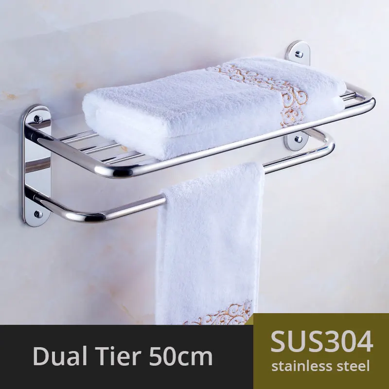 MEIFUJU SUS304 вешалка для полотенец из нержавеющей стали для ванной комнаты держатель для полотенец квадратная Полка для полотенец Полка для ванной комнаты одинарная двойная Тройная стойка - Цвет: Dual Tier 50CM