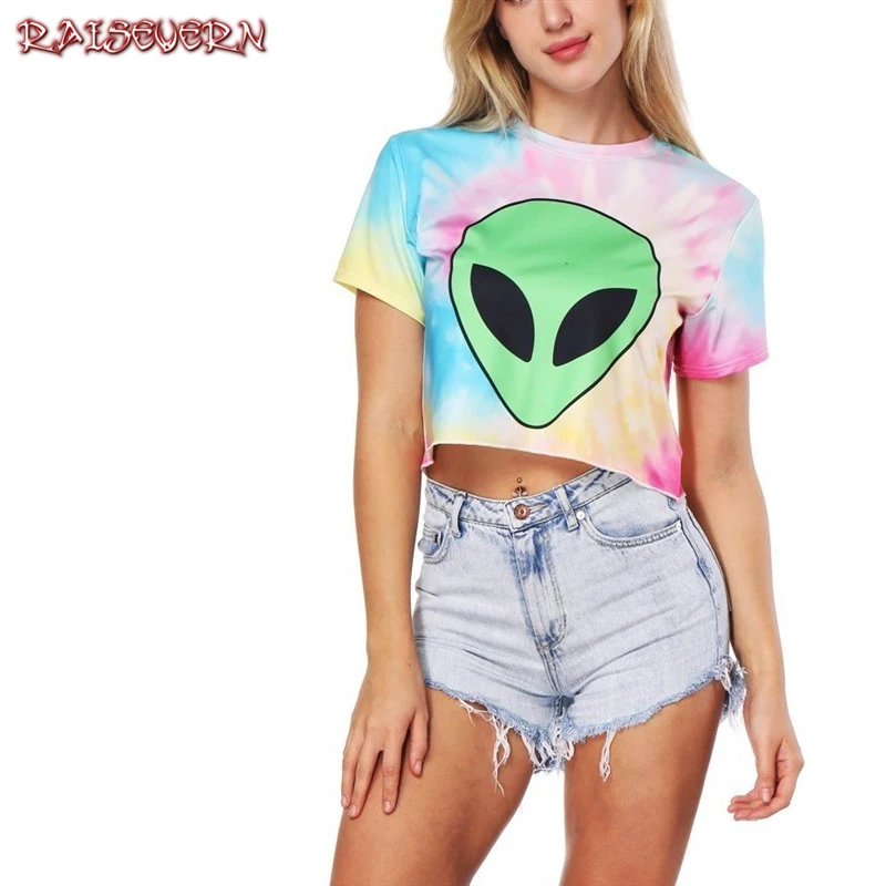 

RAISEVERN 2018 Women Alien T Shirt Harajuku Casual Sexy Short T-shirt Kawaii Teenagers Short Sleeve Crop Top Tee