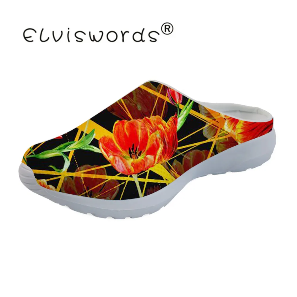 

ELVISWORDS Women's Flowers Pattern Beach Sandals Breathable mcckle sandals Female Lightweight mcckle sandals zapatos de mujer