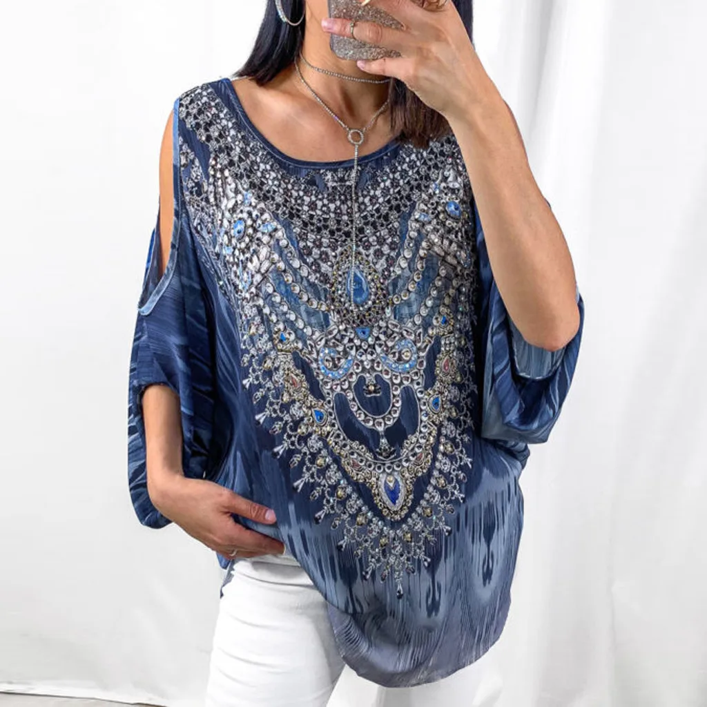 

Summer Women Loose Blouse Shirt Vintage Printed Half Batwing Sleeve Casual Shirt O-Neck Cold Shoulder Female Shirt Blouse Tops