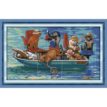 

The fishing cats animals cross stitch printed on canvas wall art thread fabric patterns 11CT 14CT kits embroidery needlework Set