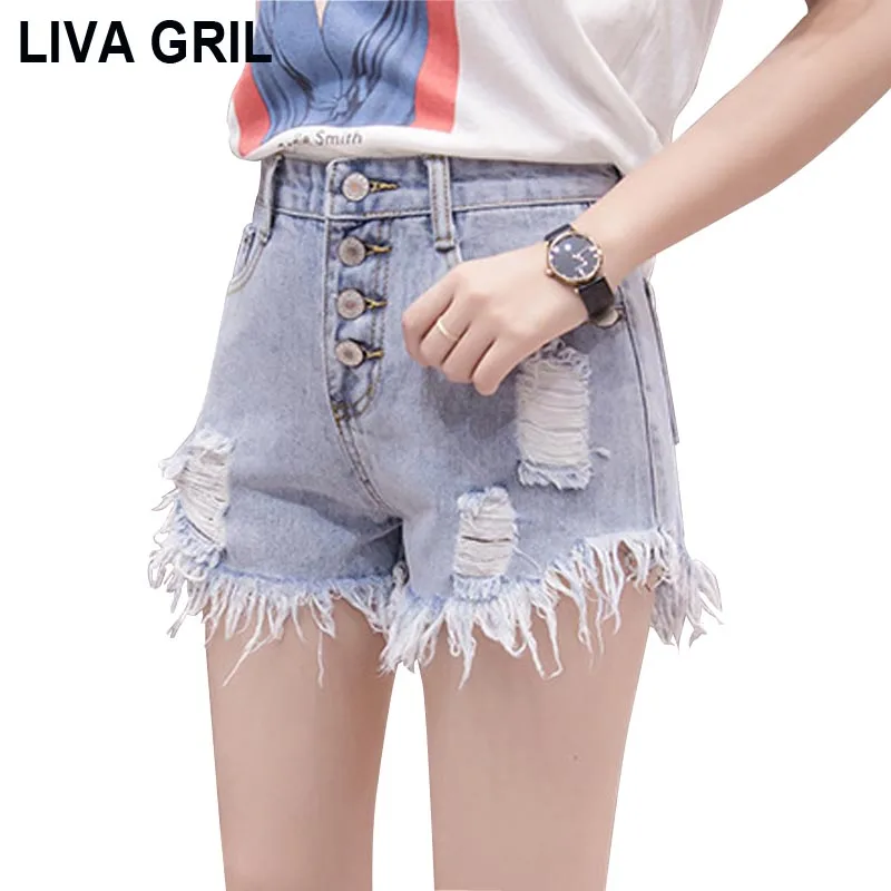 

Liva Girl 2018 Summer Korean Style High Waist Denim Shorts Fasion Women Slim Wide Leg Jeans Shorts Washed Hole Tassel Hot Pants