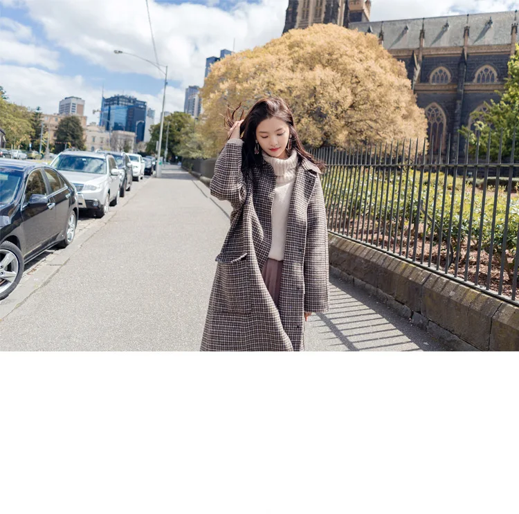 Корейская клетчатая верхняя одежда с узором «гусиная лапка»; осенне-зимнее однобортное пальто в ретро-стиле; пальто в клетку; шикарное шерстяное пальто с лацканами для женщин