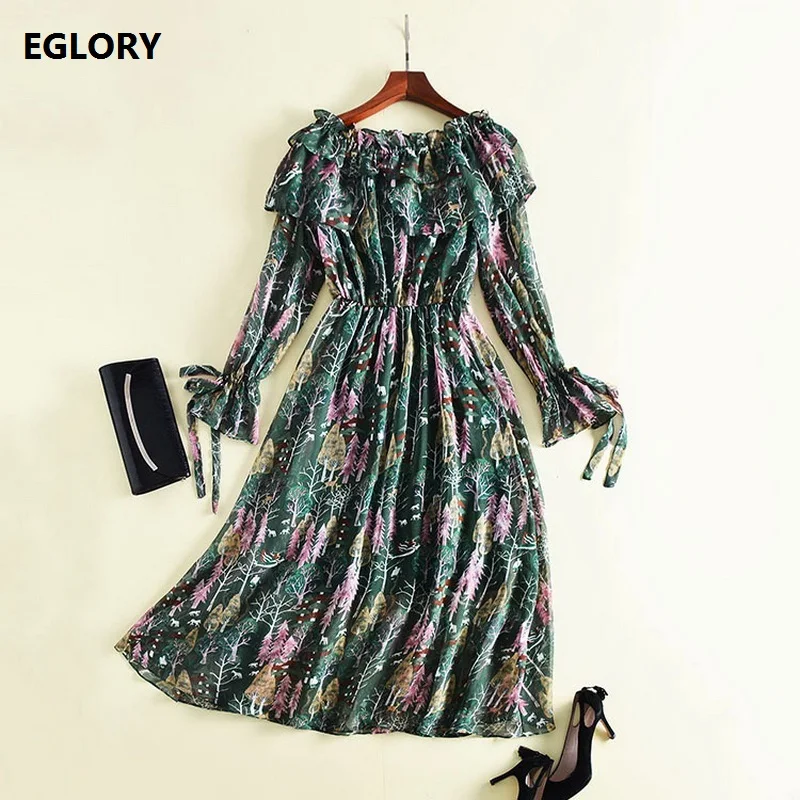 New England Style Dress 2018 Spring Women Sexy Slash Neck Forest Trees Print Long Sleeve Casual Tunic Dress Pinup Female Dress 