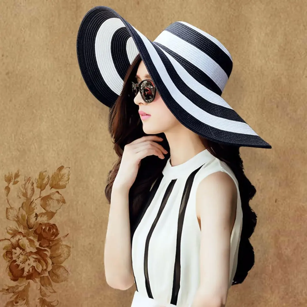 

Summer Sun Hat For Women Straw Wide Brim Stripe Printed Caps Lady Girls Beach Vintage Floppy Cap UV Protection New