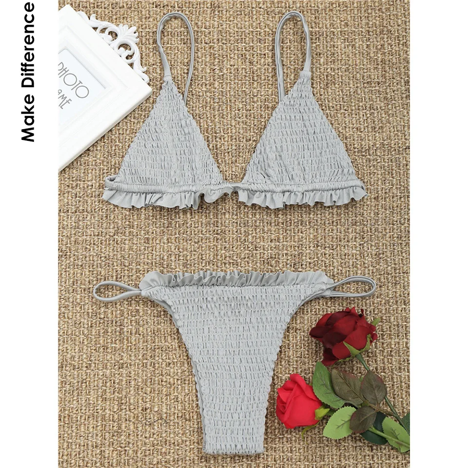 

Make Difference Brand Lycra Shirred Bikinis Women Ruffle Brazilian Swimsuit Tanga Swimwear 2018 Sexy Micro 2 Pieces Bathing Suit