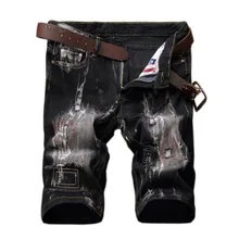 Модные джинсовые шорты с принтом Мужские Индивидуальные патч ретро джинсы tide Брендовые мужские Шорты стрейч отверстие черные мужские короткие брюки