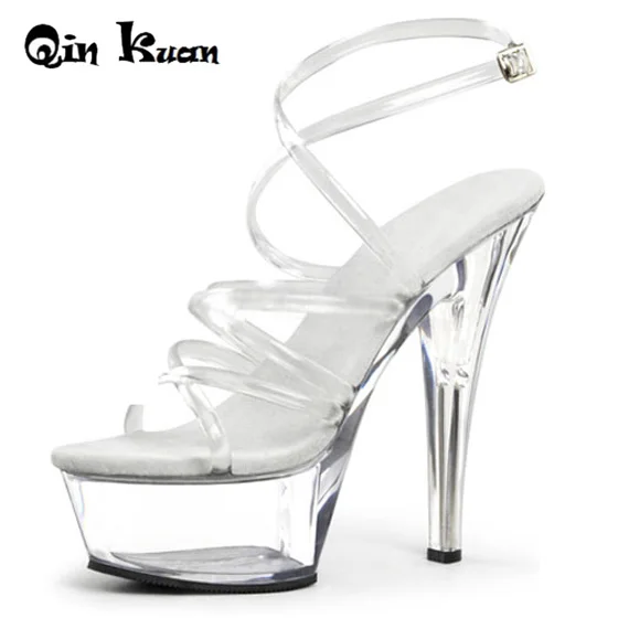 

XingDeng Women Transparent Platform Cross Strap Shoes Ladies Nightclub Ultra High Heel Size 18 cm High Heels Sandals 34-40