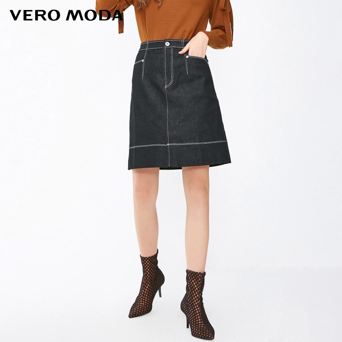 Vero Moda Новая женская OL Стиль Высокая талия видимые стежки мини джинсовая юбка | 318337508
