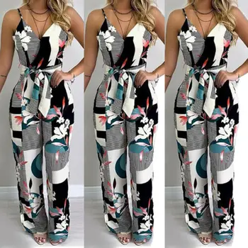 

2019 Summer Women Casual Sleeveless V-Neck Jumpsuits Ladies Boho Floral Bodysuit Wide Leg Loose Long Pants Trousers Plus Size