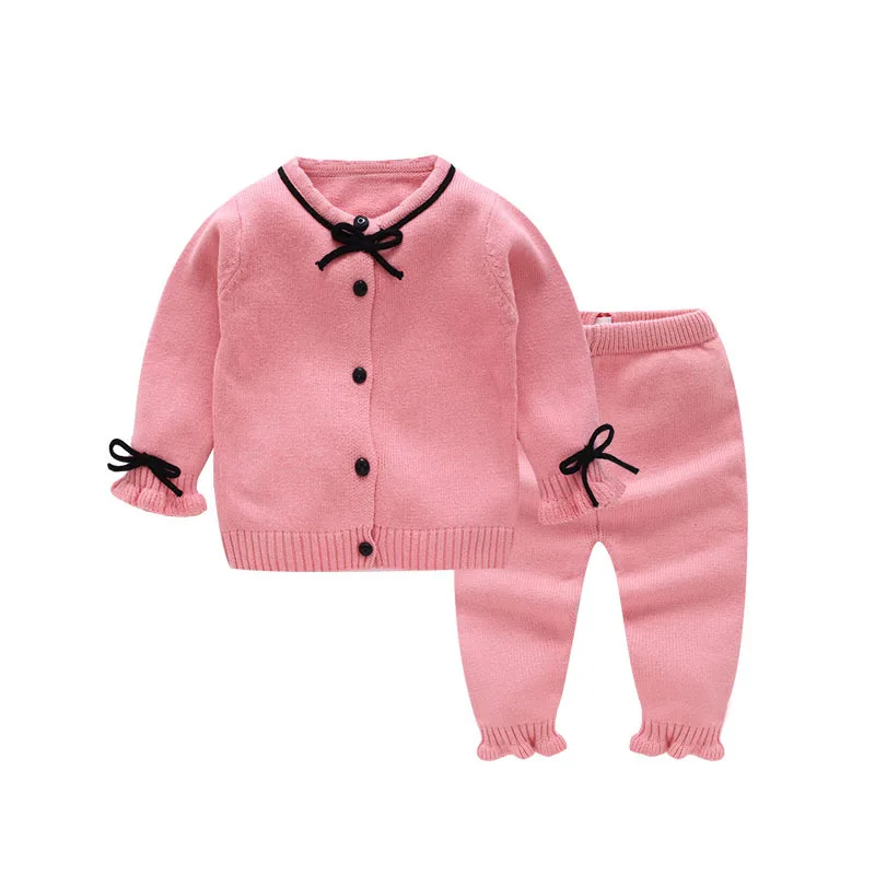 Унисекс комплекты для малышей осень-зима Одежда для новорожденных Однобортный вязаный свитер+ штаны Одежда для маленьких мальчиков и девочек комплект - Цвет: Красный