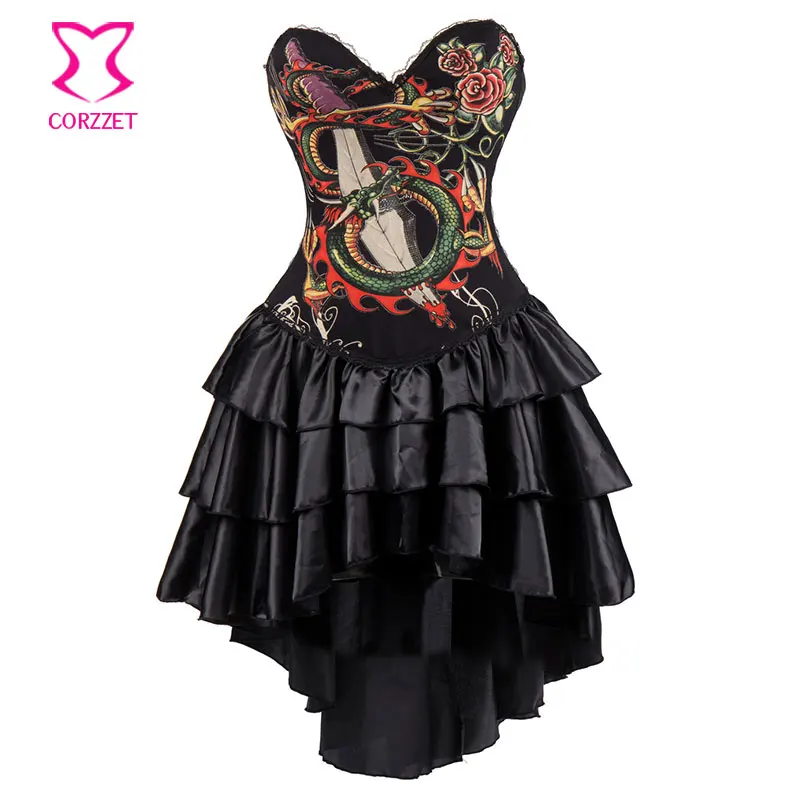 

Black Dragon Animal Print Cotton Strapless Push Up Corselet Corset Burlesque Steampunk Dress Sexy Gothic Clothing Dresses Women