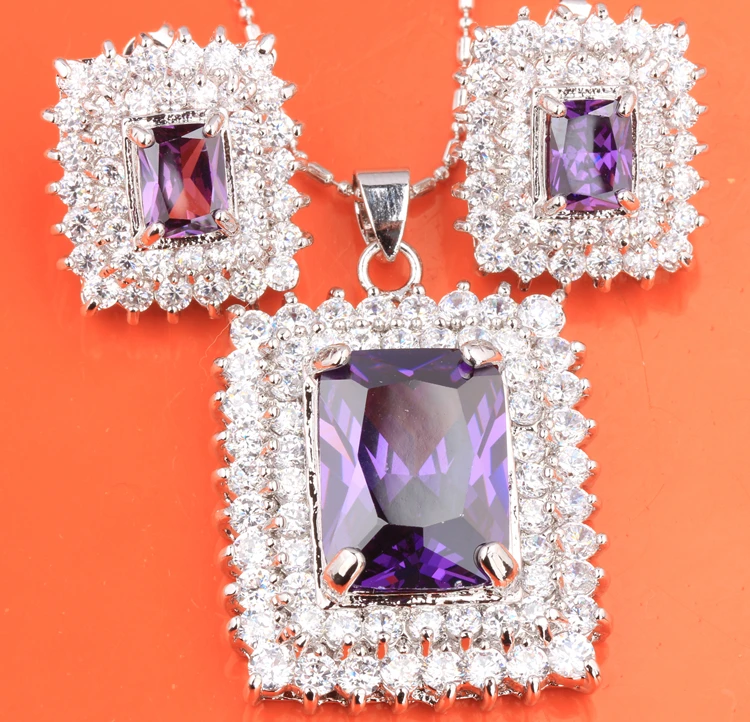Превосходное Фиолетовый Цирконий белый 925 стерлингового серебра Nacklace Ювелирные наборы Серьги кулон женщина S8335