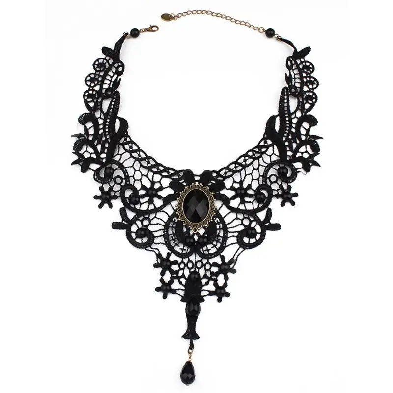 

1PC Womens Retro Gothic Rhinestone Jewelry Pendant Necklace Hollowed Out Embroidered Lace Collar Choker
