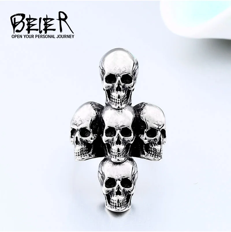 BEIER Stainless steel Unique Heavy Metal Biker Cross and 5 skull Boys ring product fine jewelry for man party supplies BR8-558