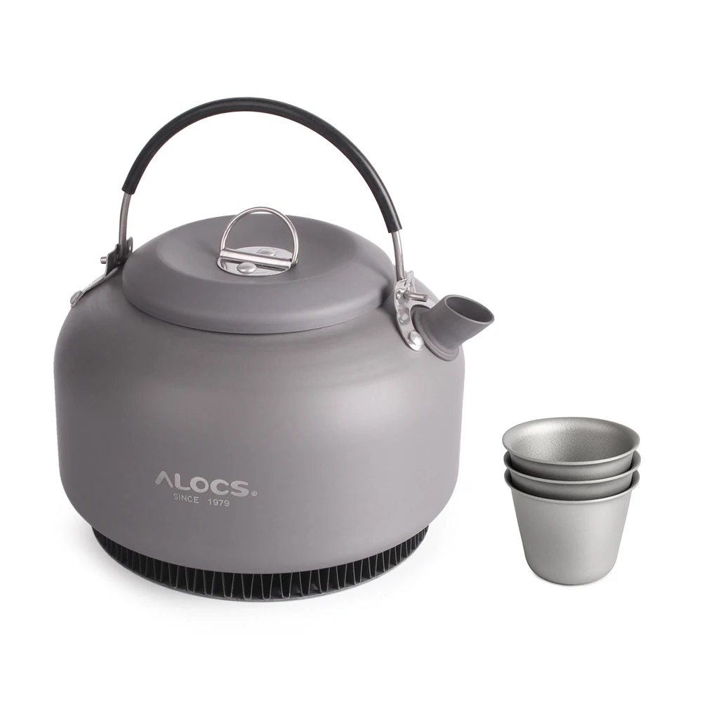 

1.4L Aluminum Alloy Kettle Camping Water Teapot Outdoor Coffee Pot Portable Cookware with Mesh Bag and 3 Titanium Cups