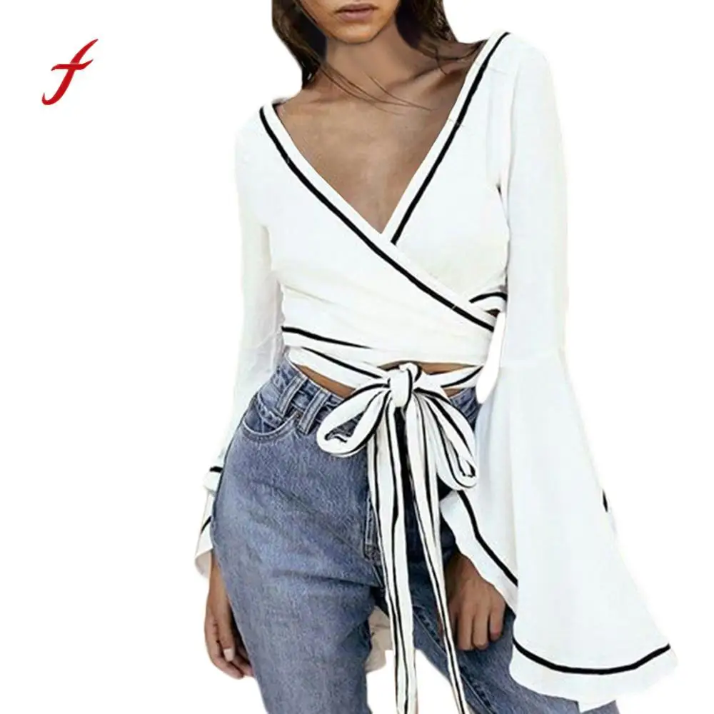 

Women Blouse Sexy V Neck Shirt Flare Sleeve Korean Style Long Sleeve Cross Bandage Wrap womens tops and blouses roupa feminina