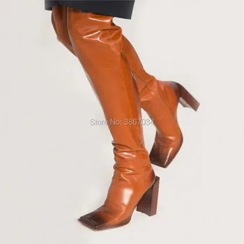

SHOOEGLE Runway Stage Distressed Thigh High Boots Square Toe Block High Heels Celebrity Motorcycle Overknee Boots Stage Shoes