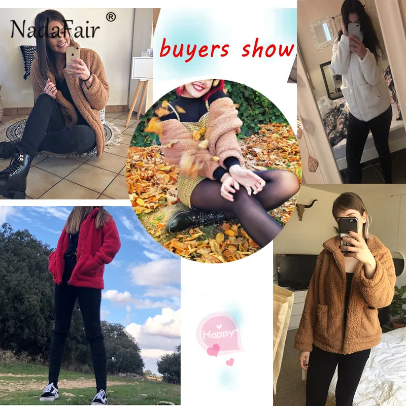 Nadafair plus size fleece faux shearling fur jacket coat women autumn winter plush warm thick teddy coat female casual overcoat