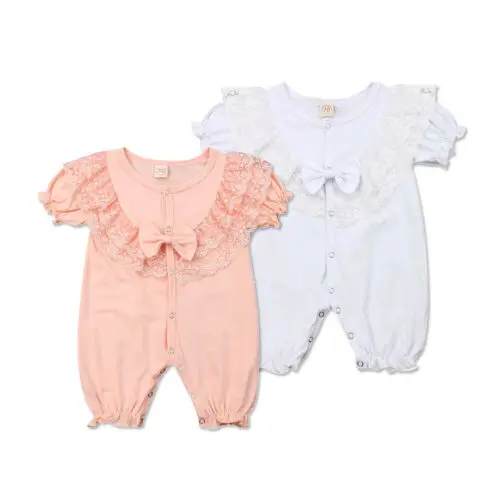 Baby Romper Newborn Girls Button Up Lace Short Sleeve Jumpsuit Clothes Outfits 0-24M | Детская одежда и обувь