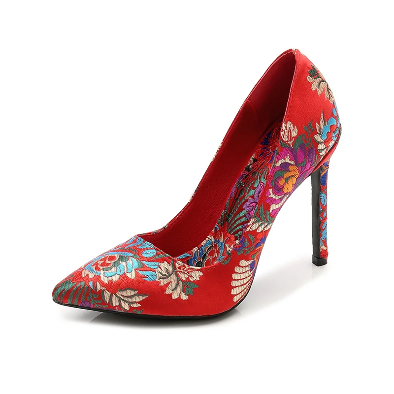 

Women Pumps Embroider Shoes Spring Autumn Thin High Heels Party Shoes For Woman Brand Pointed Toe Single Pumps Female MS-B0001
