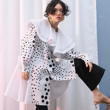 

2019 Spring Elegant Women Dress Asymmetric Lace Large Collar Wave Point Irregular Dress A-Line Button Puff Sleeve Dress