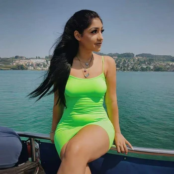 

2018 Sexy Mini Dress Summer Fashion Green Orange Spaghetti Strap Bodycon Clubwear Party Dress Casual Dresses Vestidos Wholesale