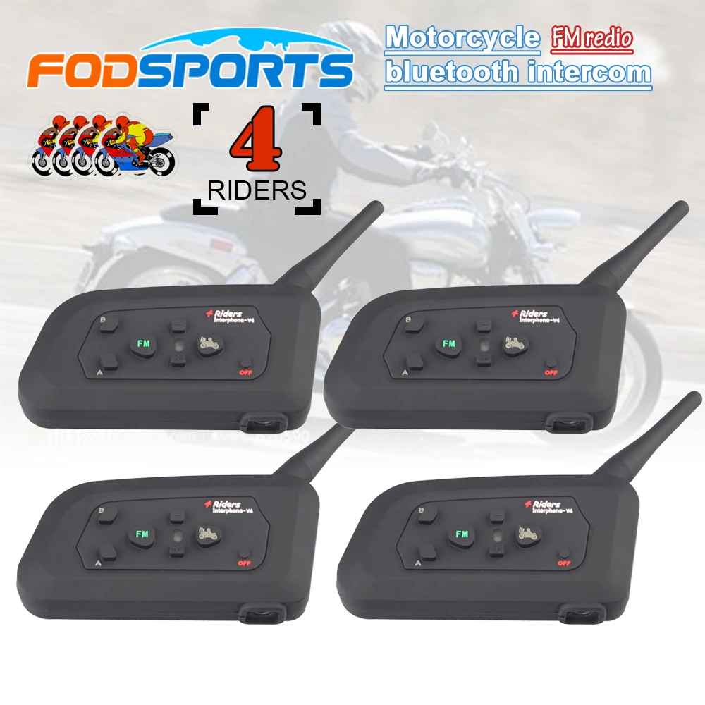 4 шт. V4 Fodsports FM радио с технологией bluetooth гарнитура 1200 м 4 всадников водонепроницаемый интерком для мотоциклетных шлемов из-за мягкого и жесткий mic