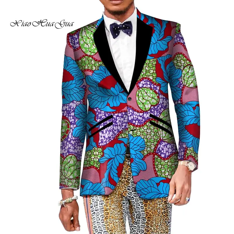 Анкара свадебные костюмы повседневные печати пиджак пальто Африканский Для мужчин Костюмы Пиджаки Slim Fit Элегантный v шеи Дашики Базен WYN163