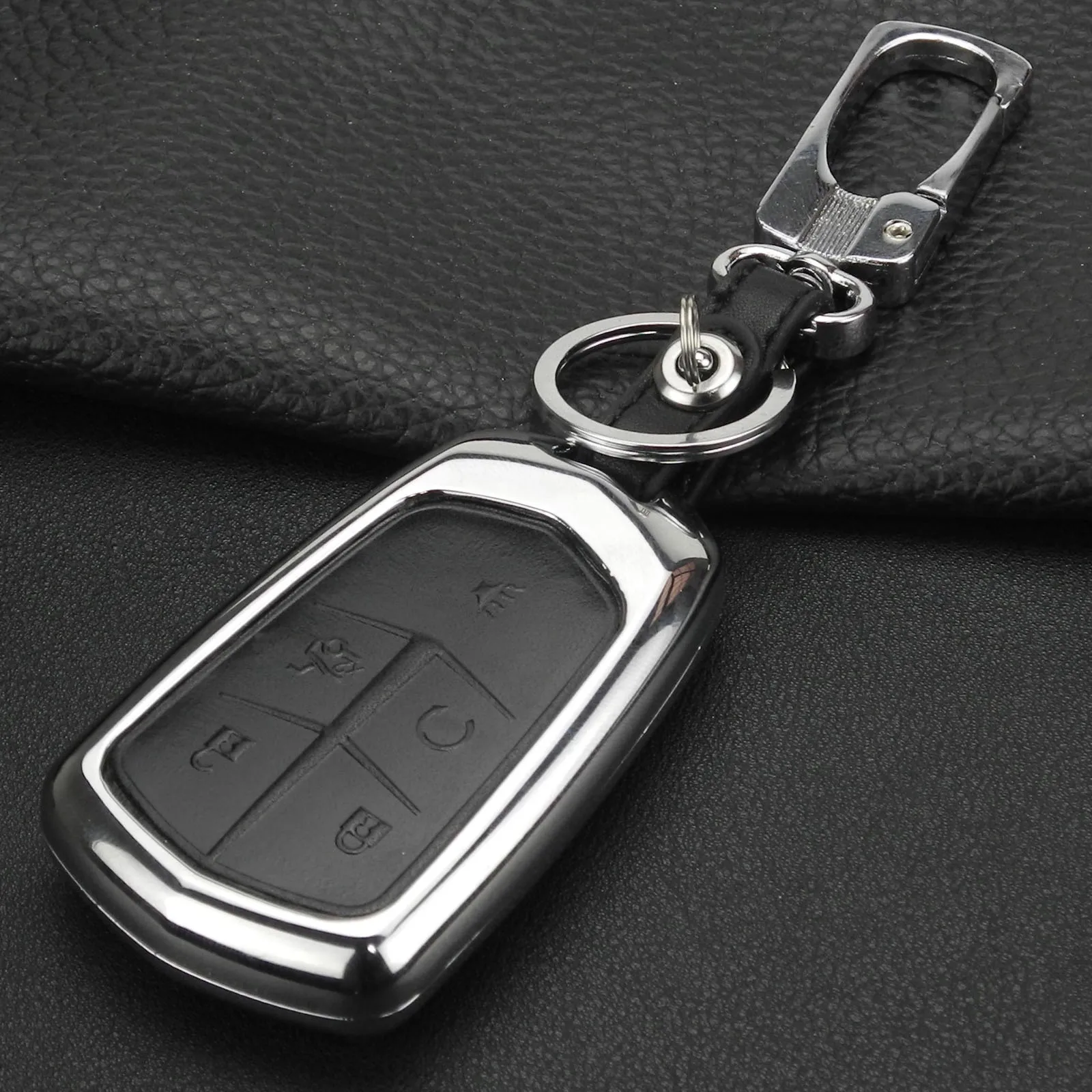 5 Buttons Zinc Alloy Leather Car Key Cover Case for Cadillac CTS ATS