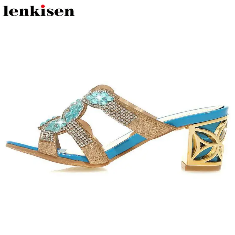 

Lenkisen korean girl big size pu shining crystal string bead solid mules slip on high heel runway party mature women sandals L21