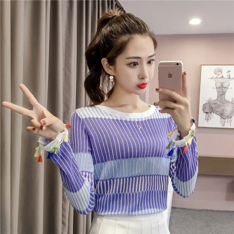 Casual 2018 Fashion Winter Knitted Contrast Color Stripe Pullover Sweater Women Long Sleeve Patchwork Sweate | Женская одежда