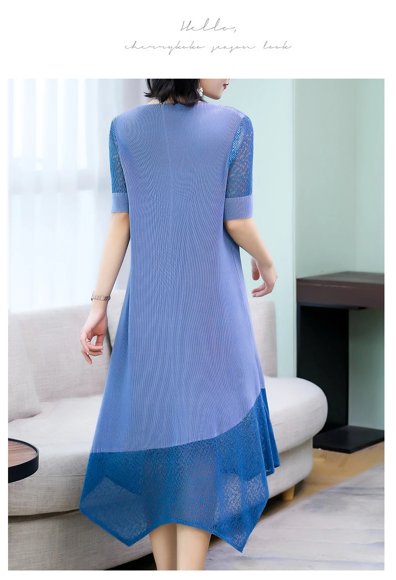 Новое летнее платье Miyake fold, лоскутное кружевное платье с круглым вырезом, плиссированное асимметричное платье доступно