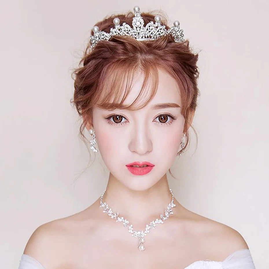 

Bridal Jewelry Set Necklace Earrings Tiara Fashion Women Jewelry Korean Imitation Pearl Rhinestone for Wife Gift SP1280